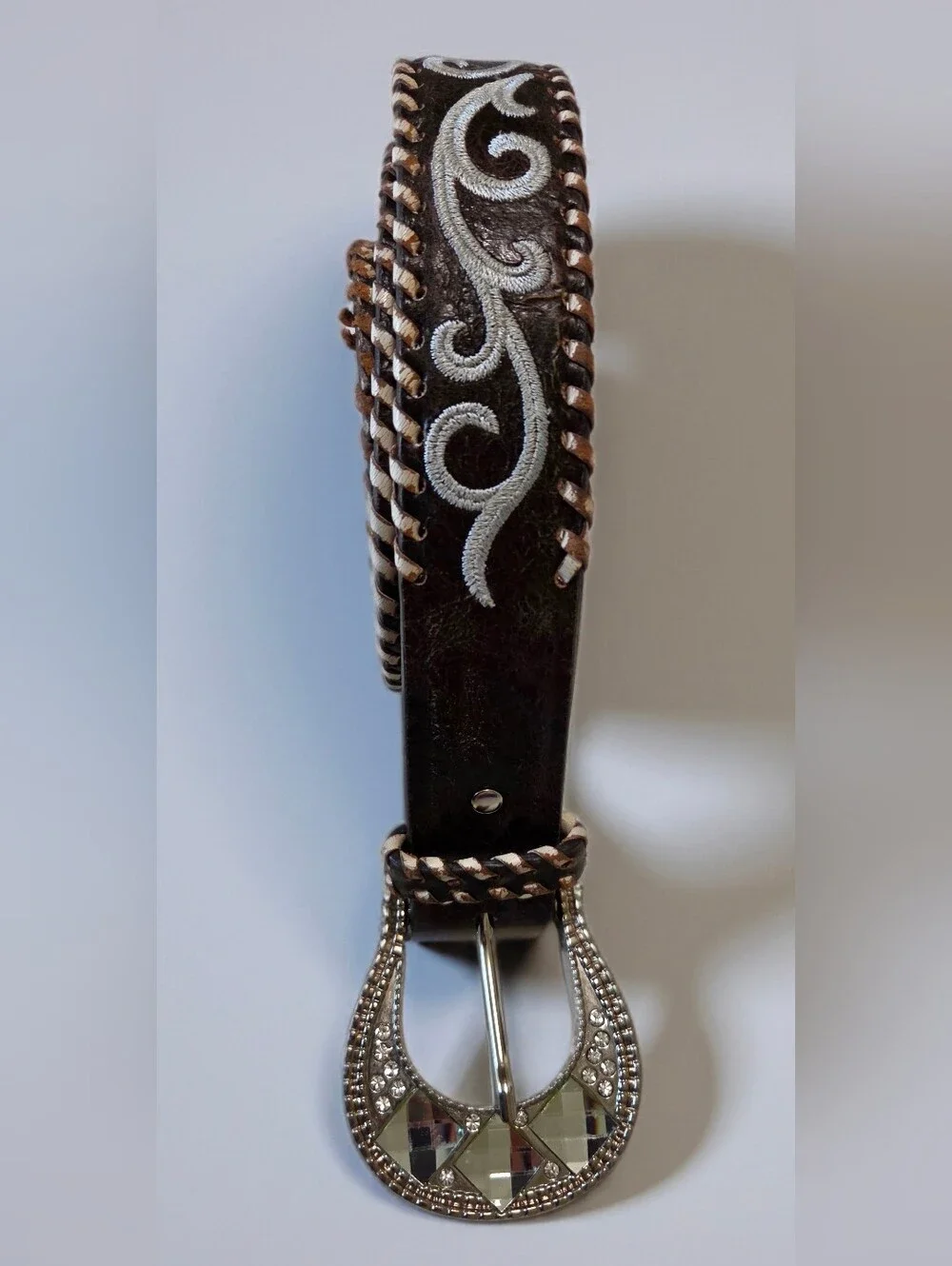 Nocona Brown Leather Belt with Rhinestone Buckle & Embroidery Scroll Size L